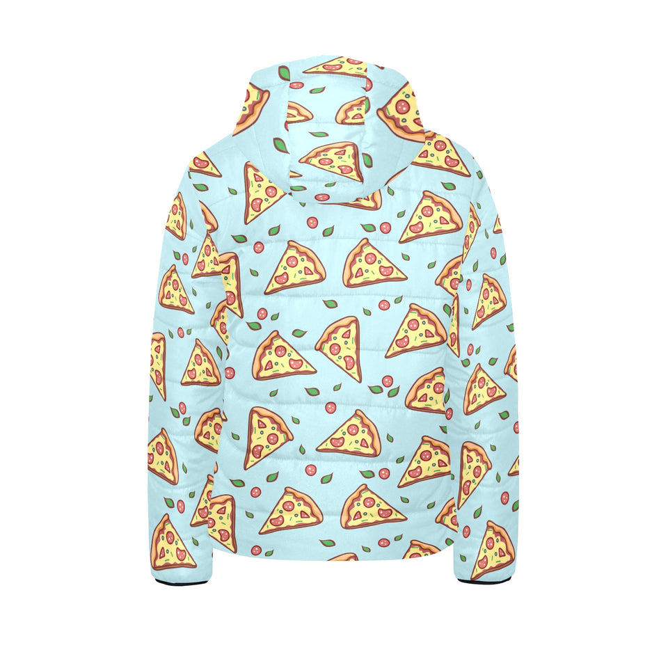 Hand drawn pizza blue background Kids' Boys' Girls' Padded Hooded Jacket