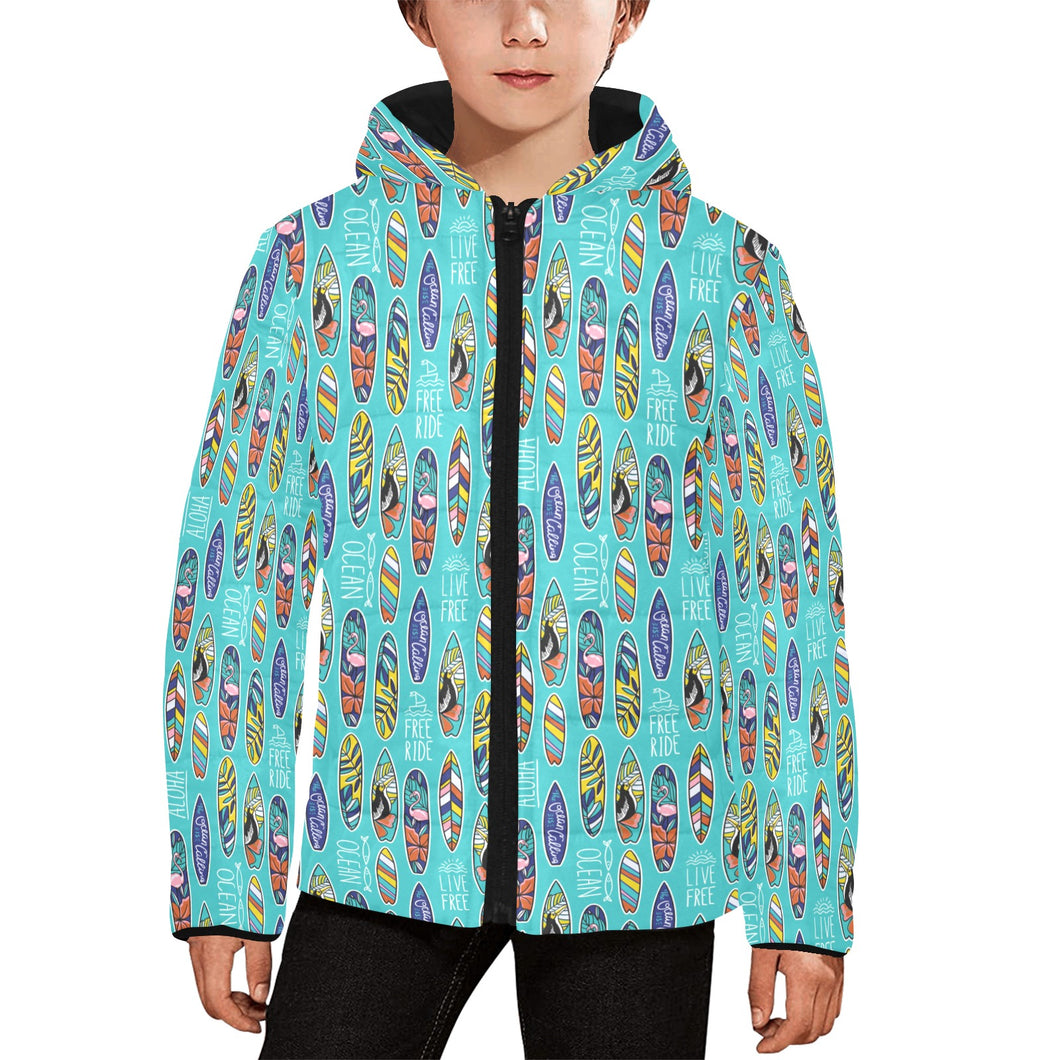 Surfboard Pattern Print Design 05 Kids' Boys' Girls' Padded Hooded Jacket