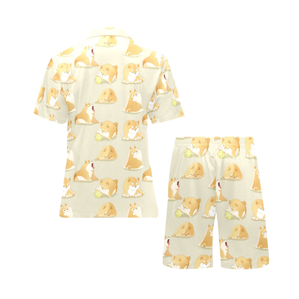 Cute fat shiba inu dog pattern Men's V-Neck Short Pajama Set