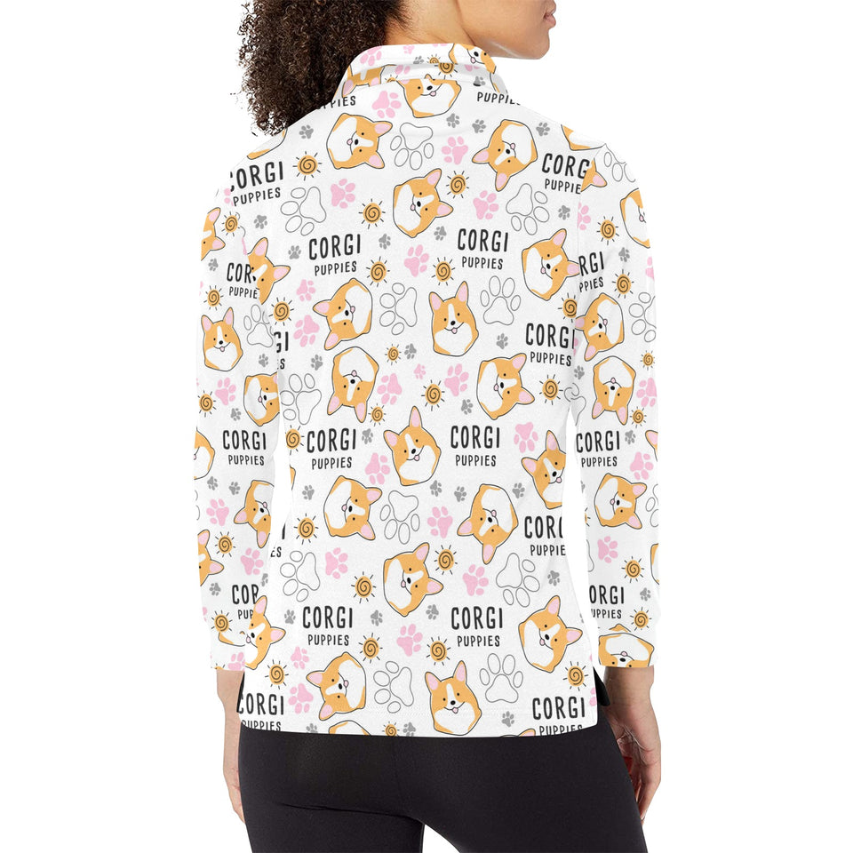 Corgi Dog Pattern Women's Long Sleeve Polo Shirt