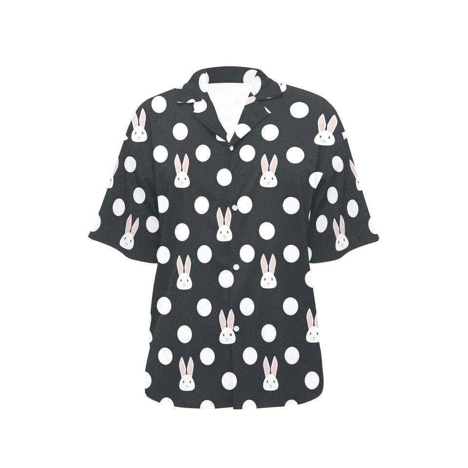 Cute white rabbit polka dots black background Women's All Over Print Hawaiian Shirt