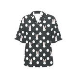 Cute white rabbit polka dots black background Women's All Over Print Hawaiian Shirt