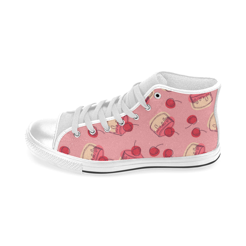 Cake cherry pattern Men's High Top Canvas Shoes White