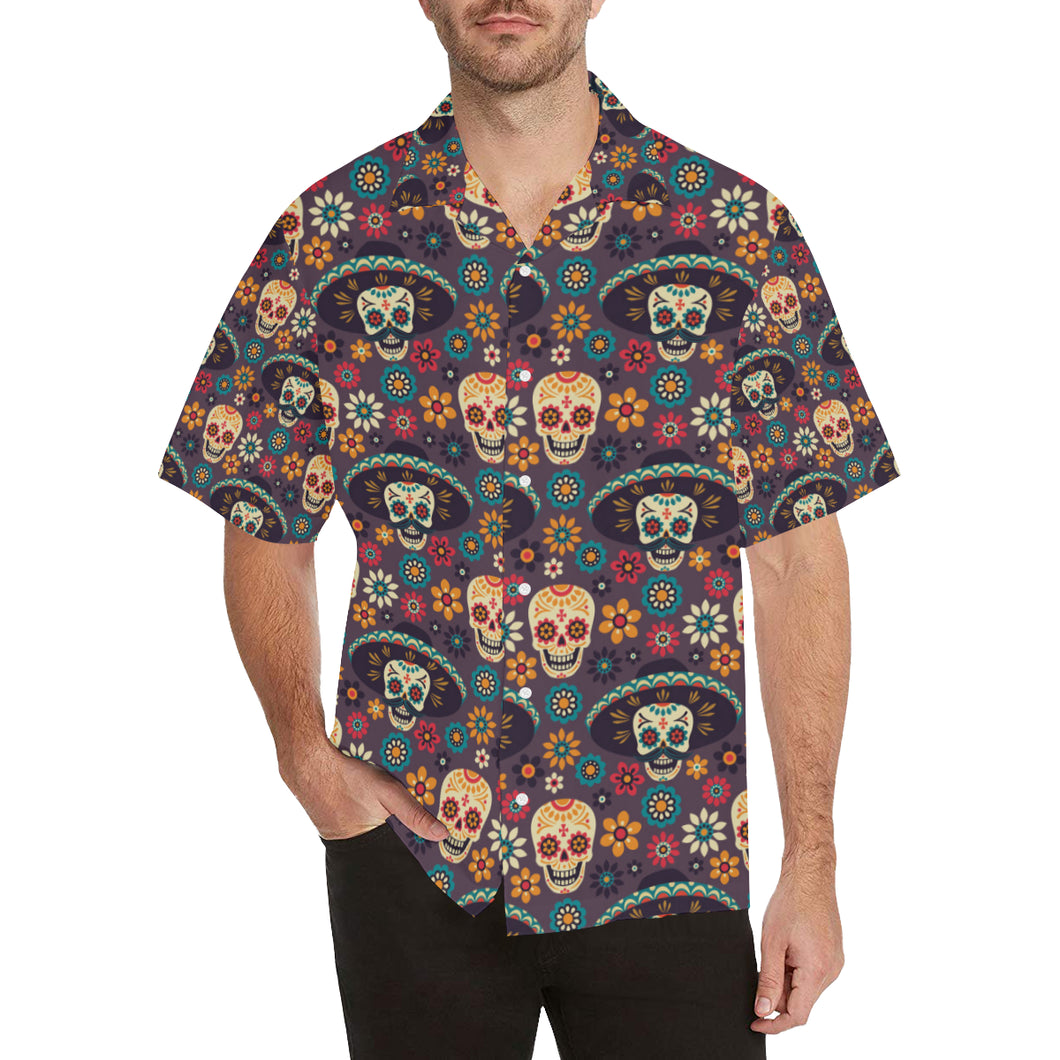 Sugar skulls flower maxican pattern Men's All Over Print Hawaiian Shirt