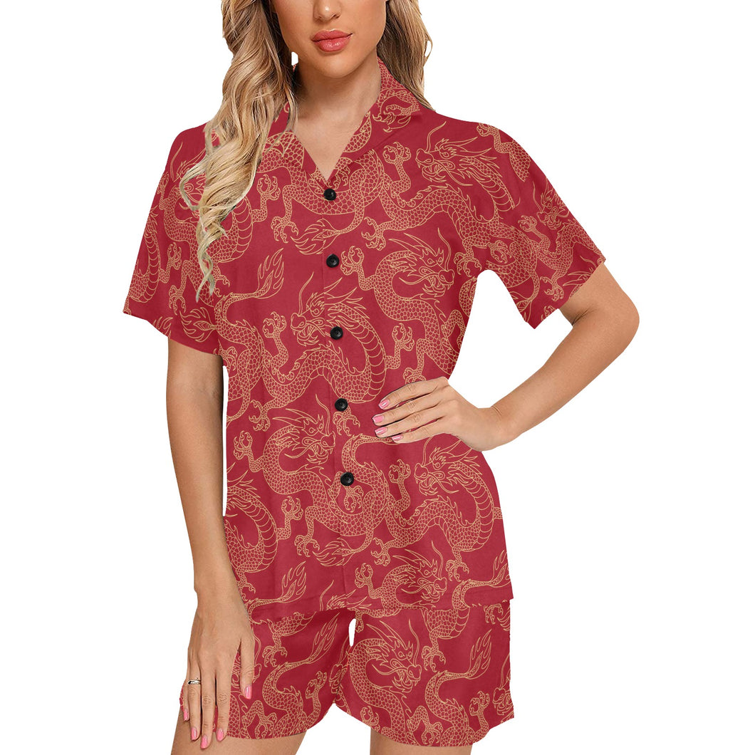 Gold dragons red background Women's V-Neck Short Pajama Set