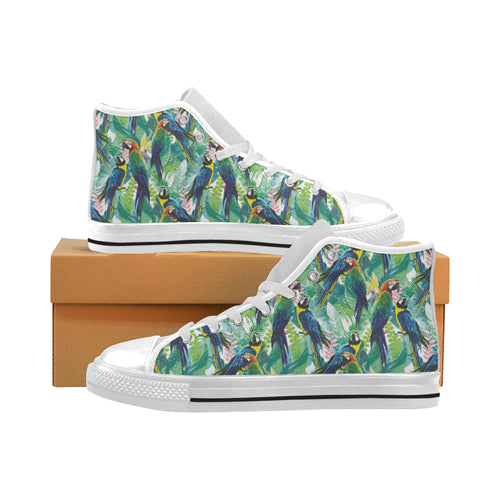 Colorful parrot exotic flower leaves Men's High Top Canvas Shoes White