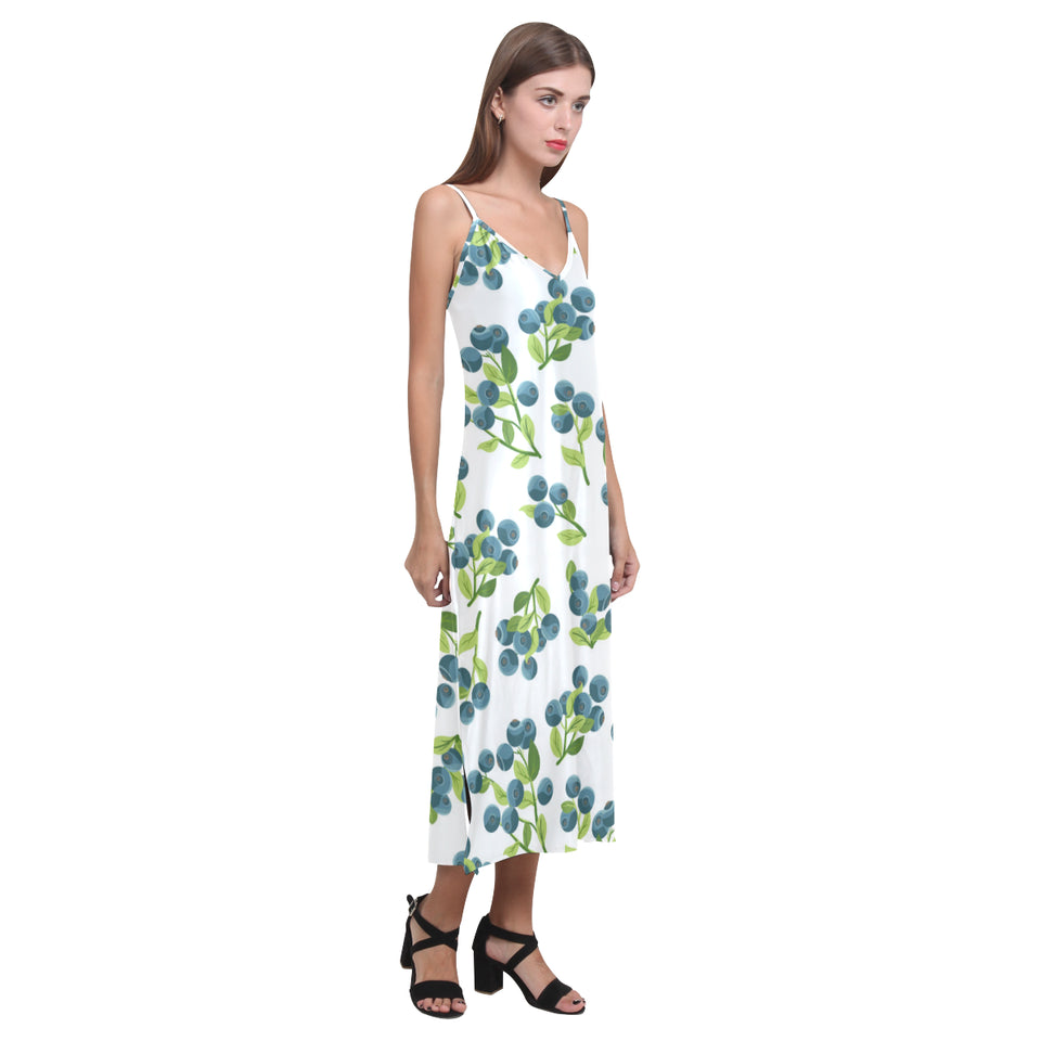 blueberry white background V-Neck Open Fork Long Dress