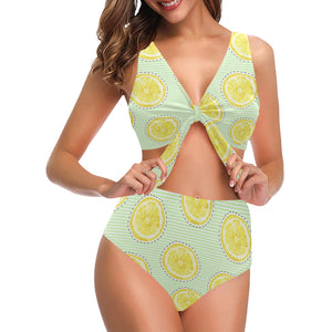 slice of lemon pattern Chest Bowknot High Waisted Bikini Swimsuit