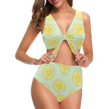 slice of lemon pattern Chest Bowknot High Waisted Bikini Swimsuit