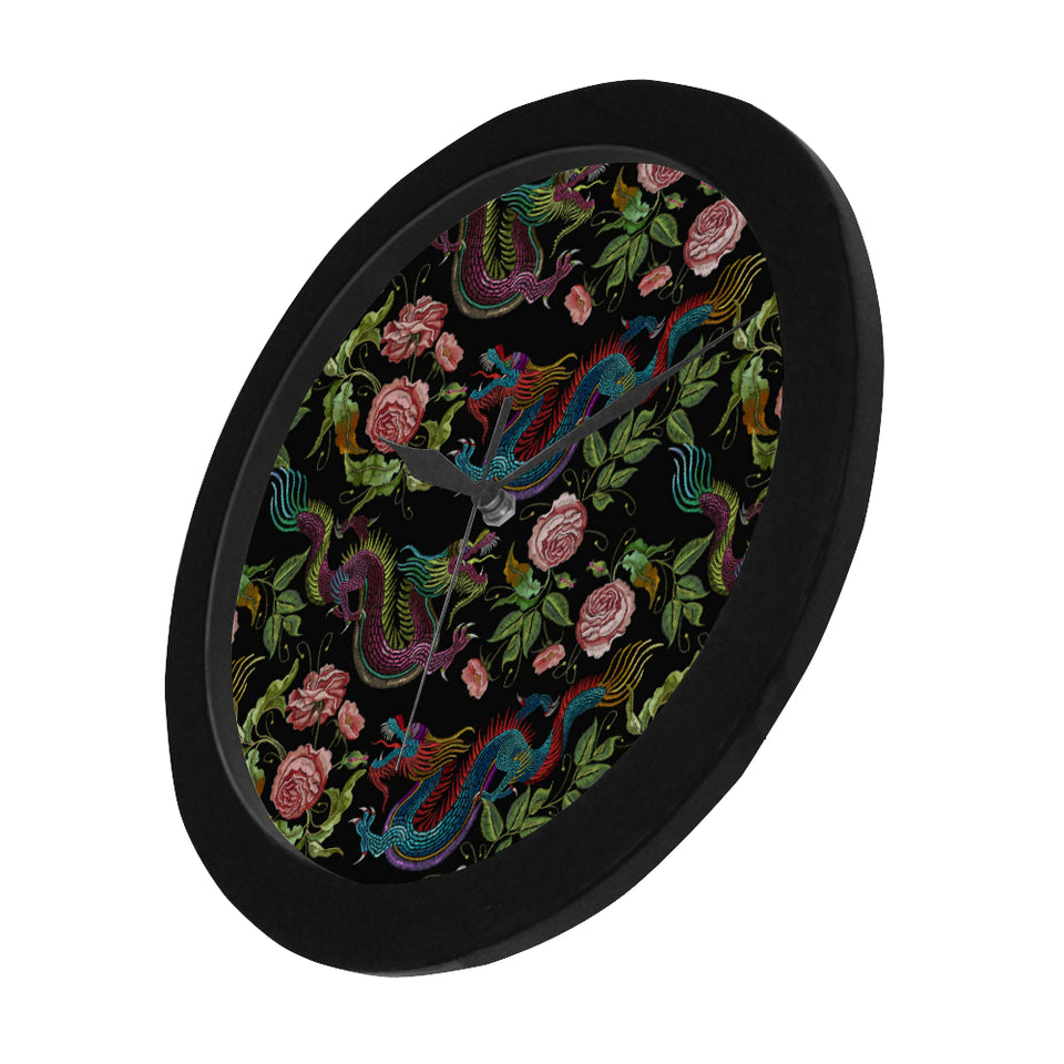 Dragons flower pattern Elegant Black Wall Clock