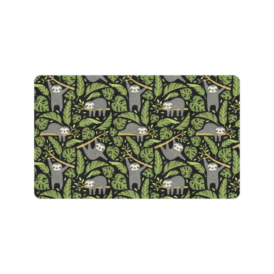 Cute sloths tropical palm leaves black background Doormat