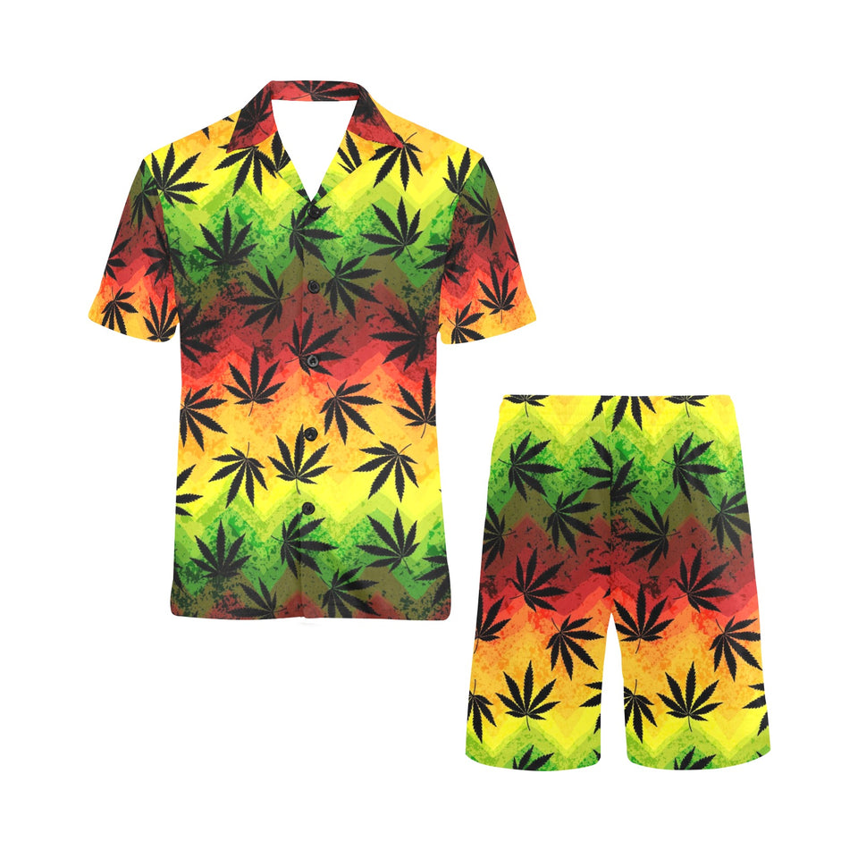 Canabis Marijuana Weed Pattern Print Design 03 Men's V-Neck Short Pajama Set