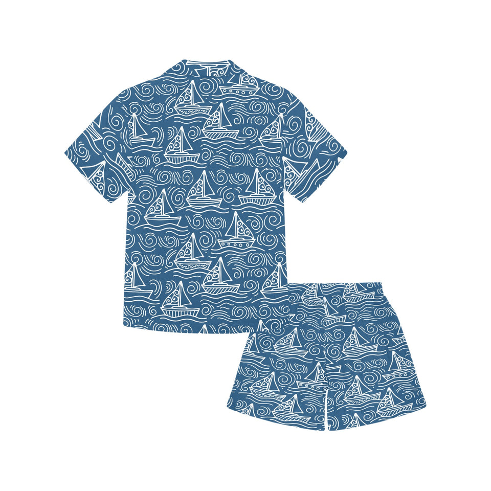 Hand drawn sailboat pattern Kids' Boys' Girls' V-Neck Short Pajama Set
