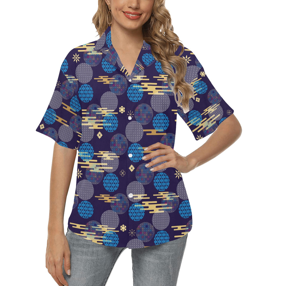 Blue japanese pattern cloud wave flower Women's All Over Print Hawaiian Shirt