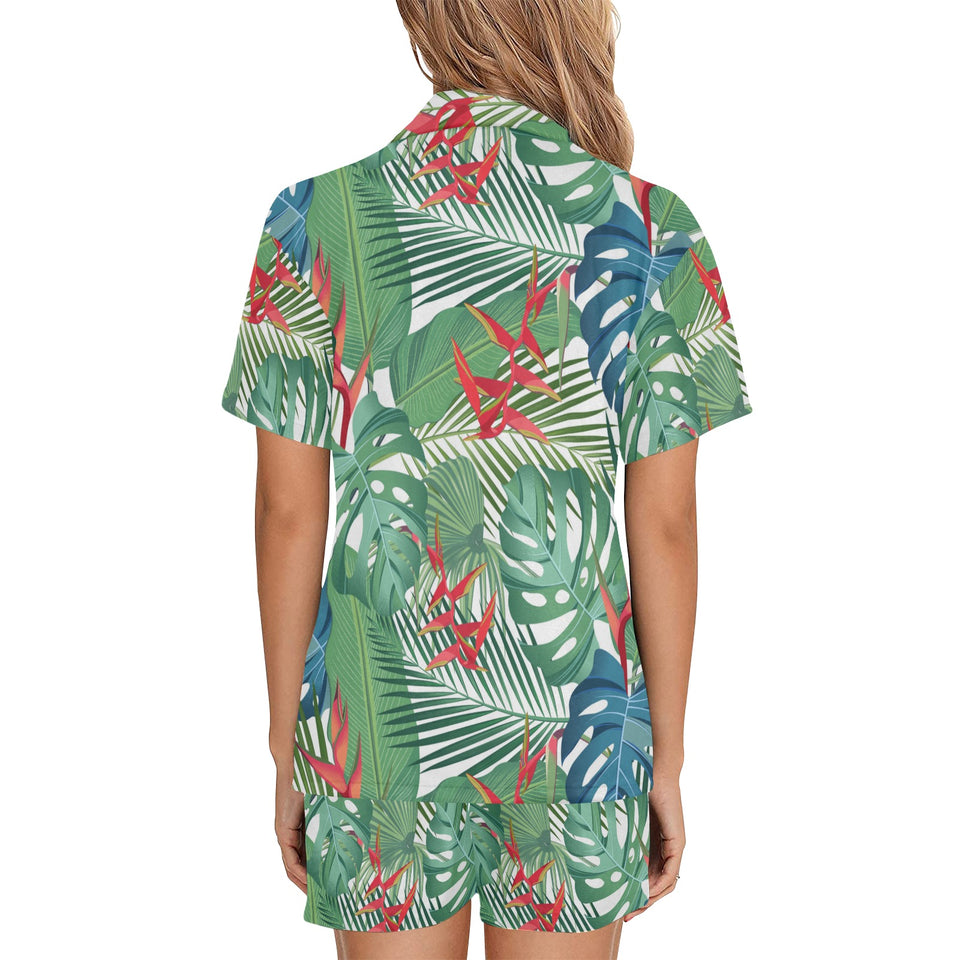 heliconia palm and monstera leaves pattern Women's V-Neck Short Pajama Set