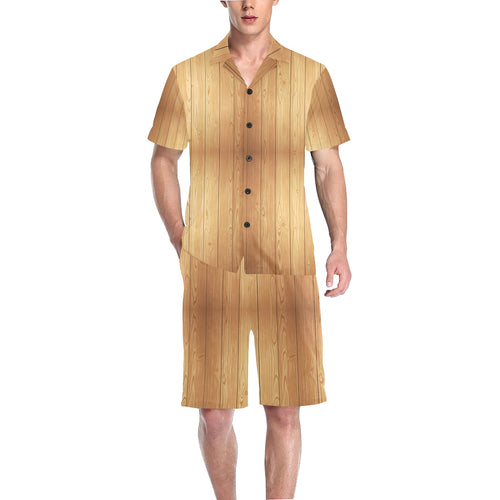 Wood Printed Pattern Print Design 05 Men's V-Neck Short Pajama Set