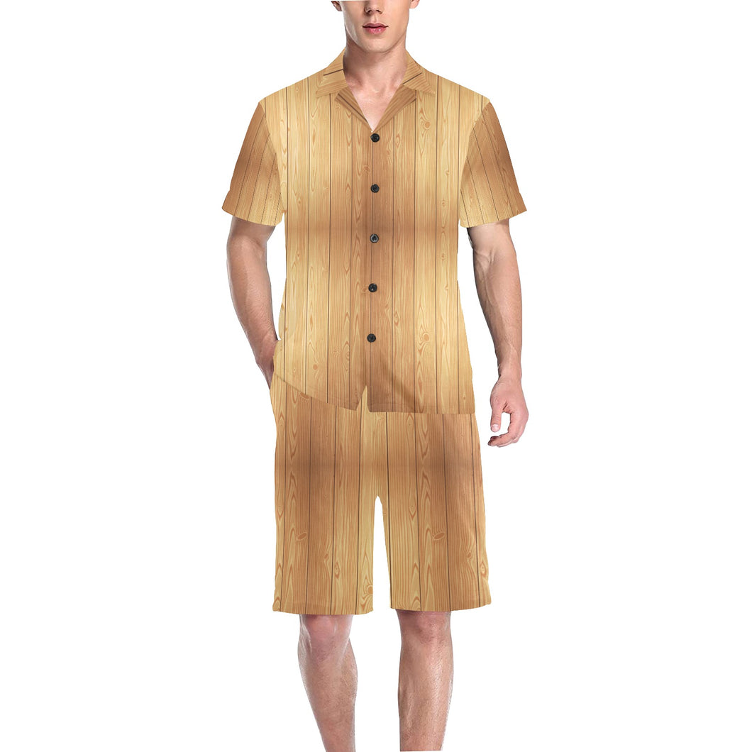 Wood Printed Pattern Print Design 05 Men's V-Neck Short Pajama Set