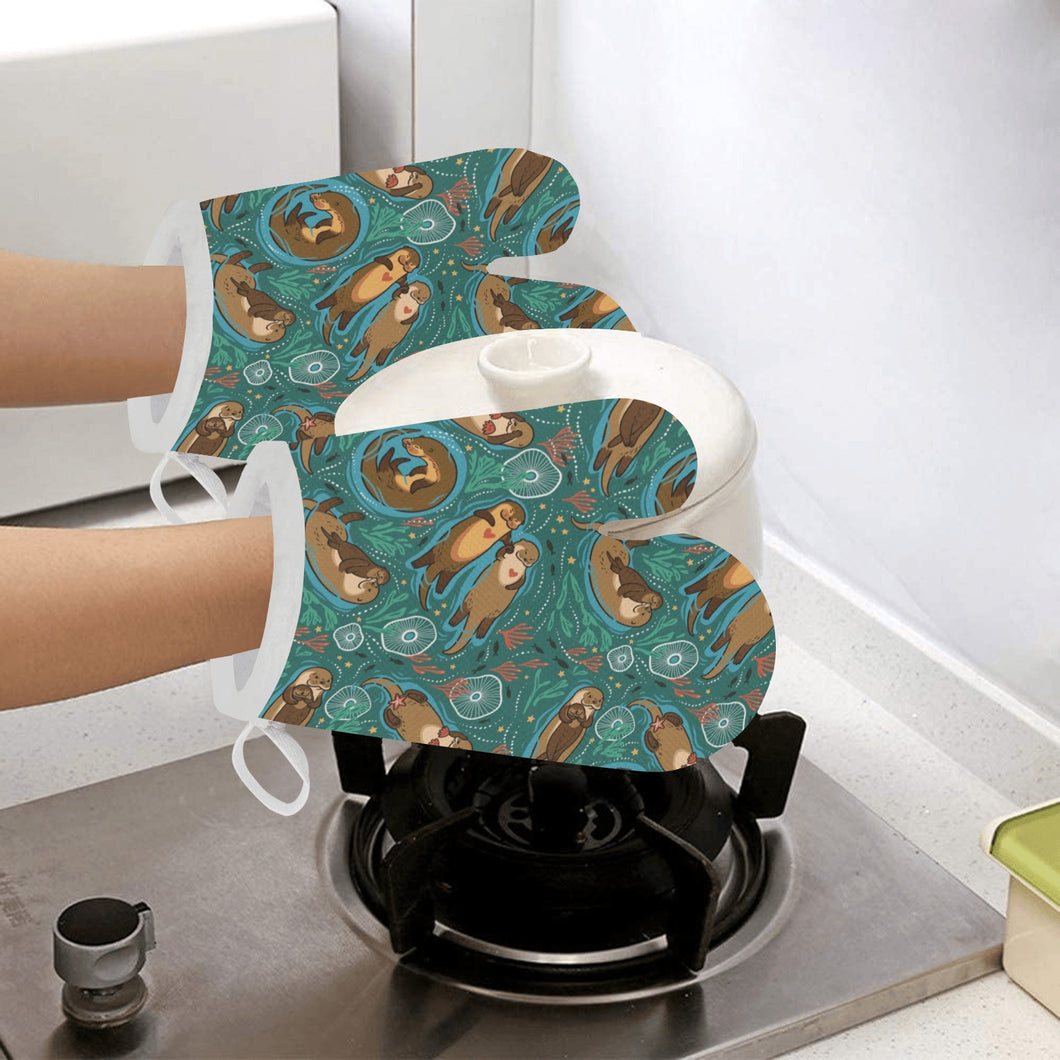 cute brown sea otters ornamental seaweed corals gr Heat Resistant Oven Mitts
