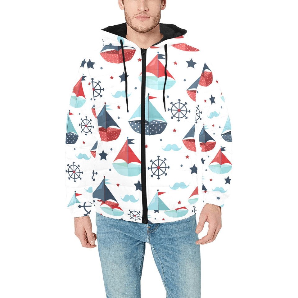 Cute color paper sailboat pattern Men's Padded Hooded Jacket
