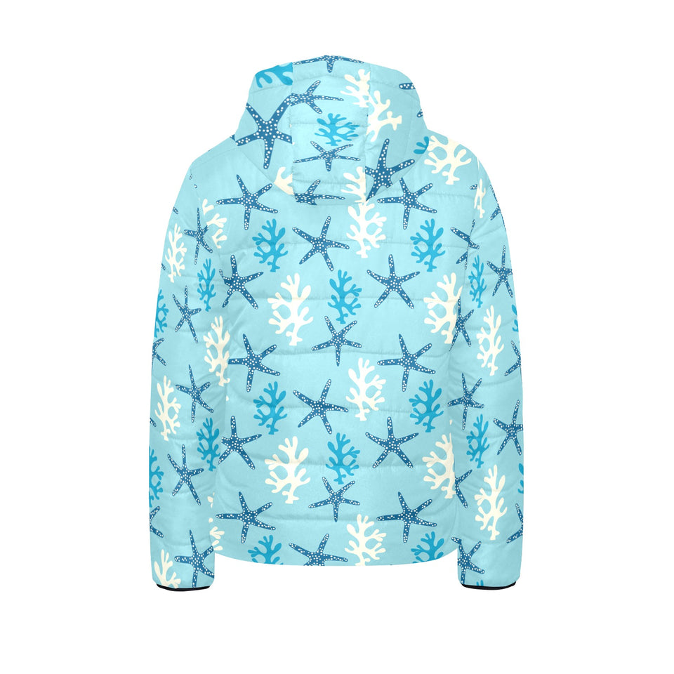 Blue starfish coral reef pattern Kids' Boys' Girls' Padded Hooded Jacket
