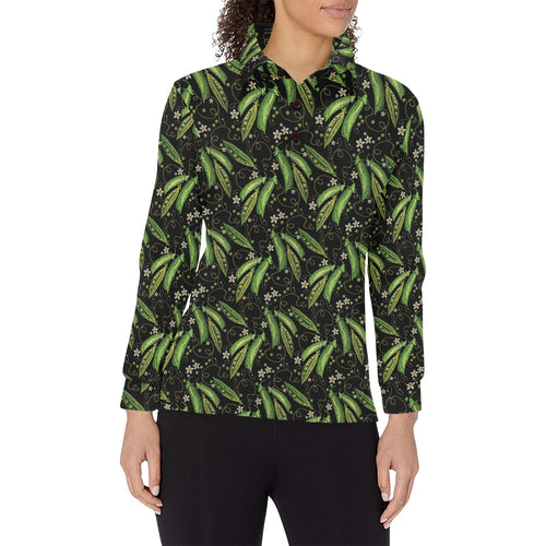 Green Peas Pattern Print Design 02 Women's Long Sleeve Polo Shirt