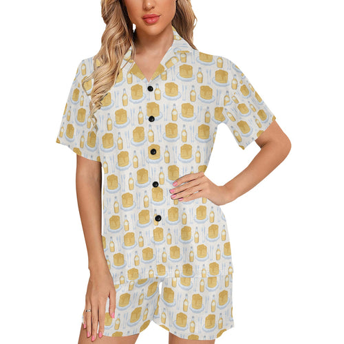 Pancake Pattern Print Design 05 Women's V-Neck Short Pajama Set