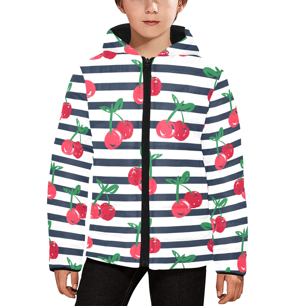 Hand drawn cherry pattern striped background Kids' Boys' Girls' Padded Hooded Jacket