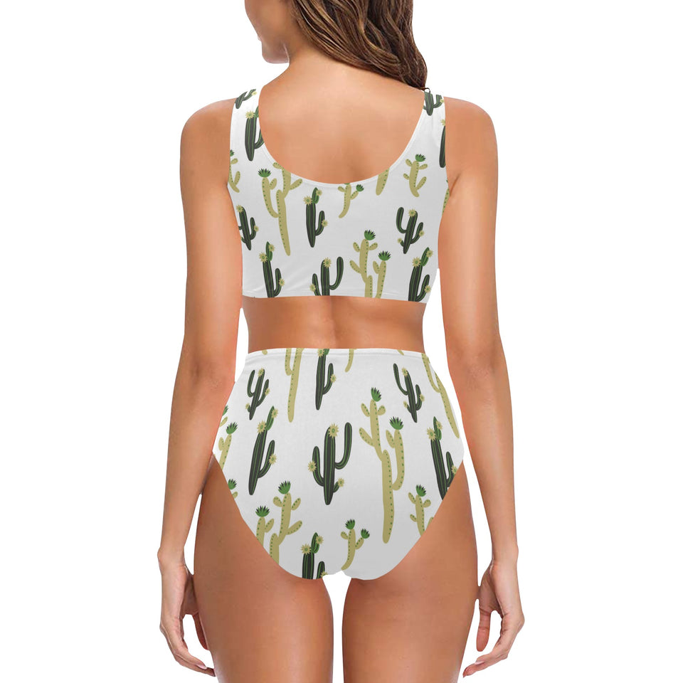 Cute cactus pattern Chest Bowknot High Waisted Bikini Swimsuit