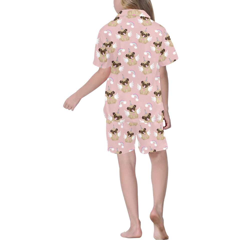 Cute unicorn pug pattern Kids' Boys' Girls' V-Neck Short Pajama Set