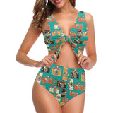 Camera Pattern Print Design 03 Chest Bowknot High Waisted Bikini Swimsuit