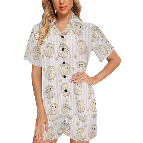 cute owl leaf Women's V-Neck Short Pajama Set