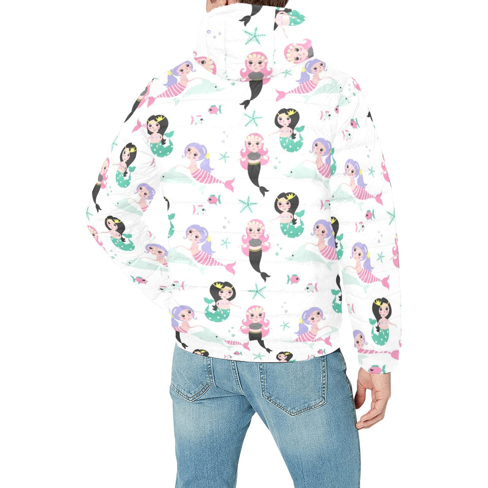 cute mermaid dolphin fish starfish pattern Men's Padded Hooded Jacket