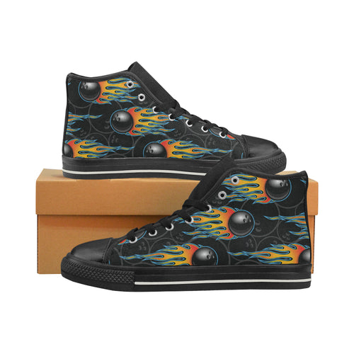 Bowling balls flame pattern Women's High Top Canvas Shoes Black