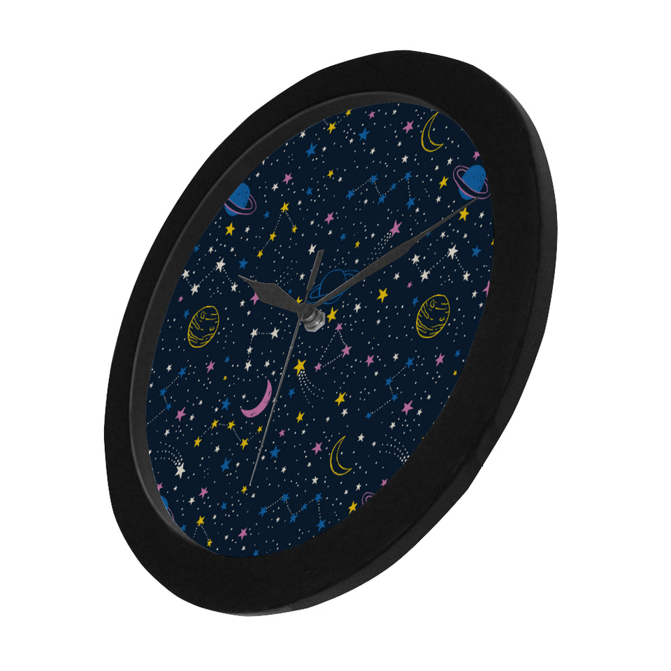 space pattern with planets, comets, constellations Elegant Black Wall Clock