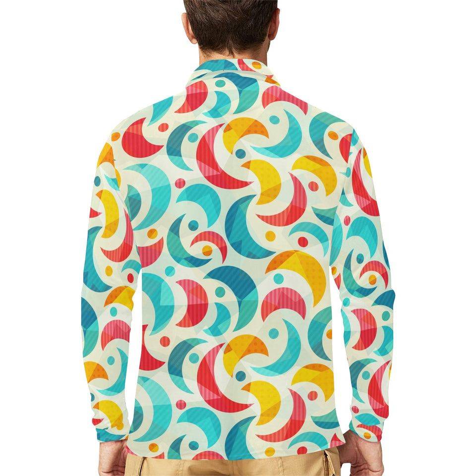 Colorful moon pattern Men's Long Sleeve Polo Shirt
