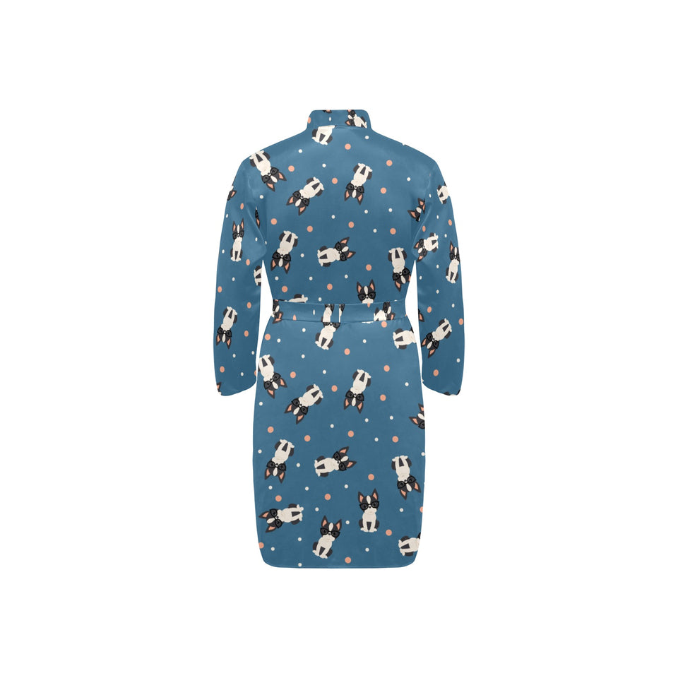 Cute boston terrier dog spattern Men's Long Sleeve Belted Night Robe