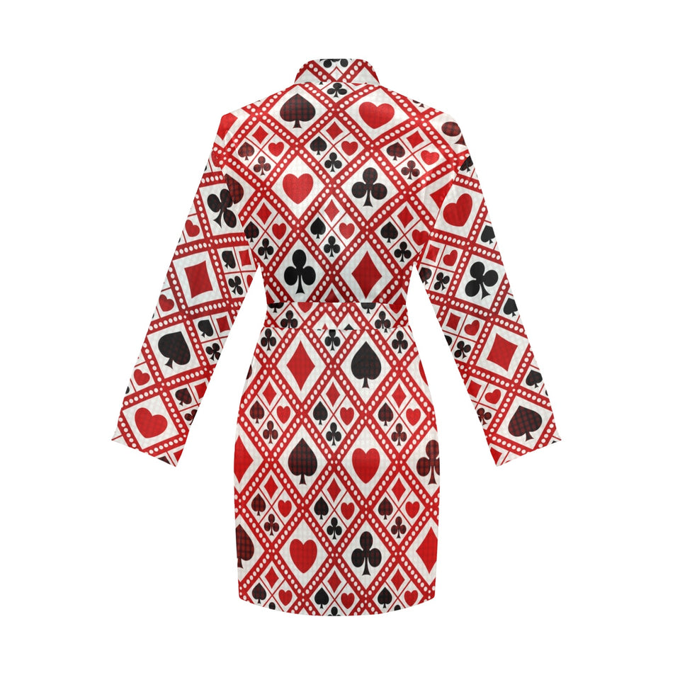 Casino Cards Suits Pattern Print Design 03 Women's Long Sleeve Belted Night Robe