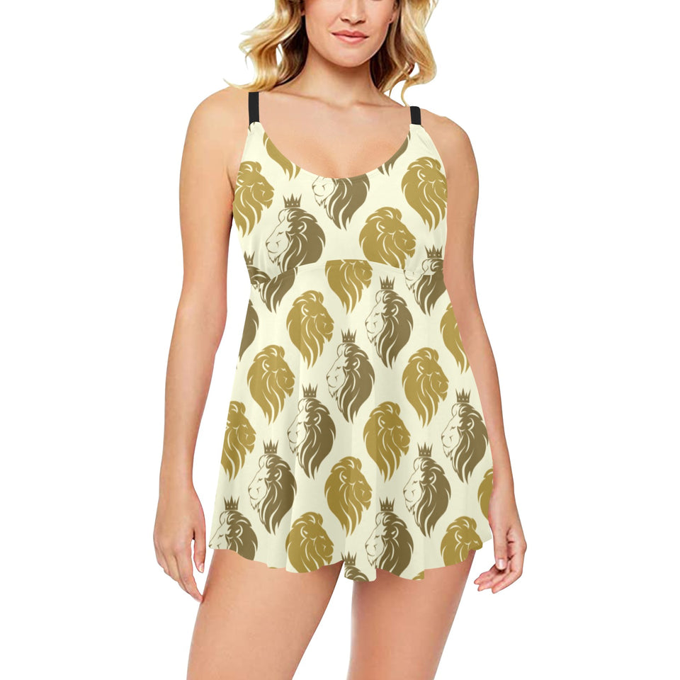 Lion Pattern Print Design 02 Chest Sexy Pleated Two Piece Swim Dress
