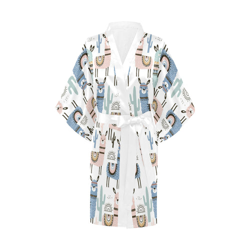lama Alpaca cactus hand drawn pattern Women's Short Kimono Robe
