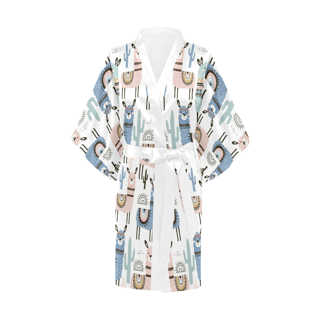lama Alpaca cactus hand drawn pattern Women's Short Kimono Robe