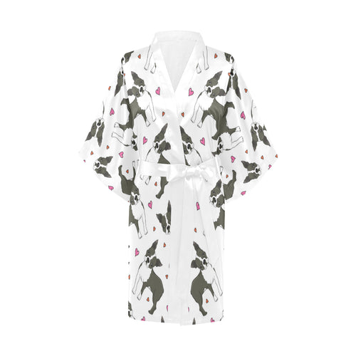 Boston terrier dog hearts vector pattern Women's Short Kimono Robe