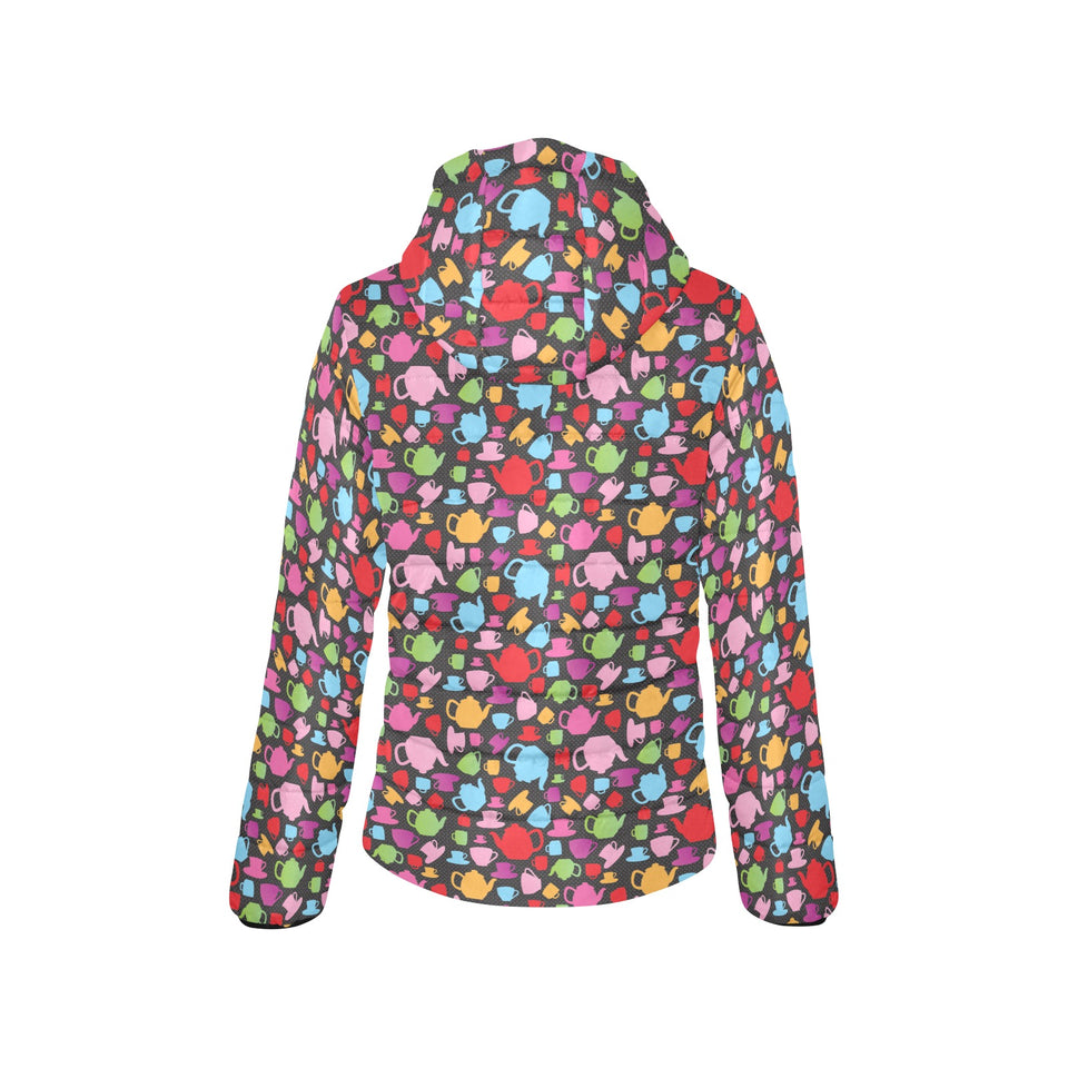 Tea pots Pattern Print Design 01 Women's Padded Hooded Jacket