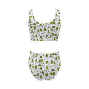 Sketch funny frog pattern Chest Bowknot High Waisted Bikini Swimsuit