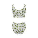 Sketch funny frog pattern Chest Bowknot High Waisted Bikini Swimsuit