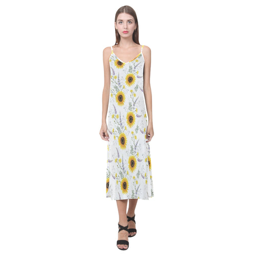 beautiful sunflowers pattern V-Neck Open Fork Long Dress