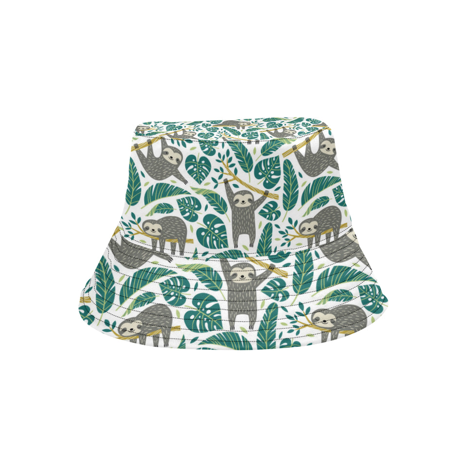Cute sloths tropical palm leaves white background Unisex Bucket Hat
