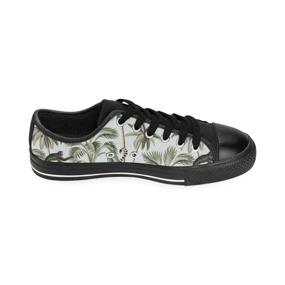 Monkey sloth lemur palm trees pattern Men's Low Top Canvas Shoes Black