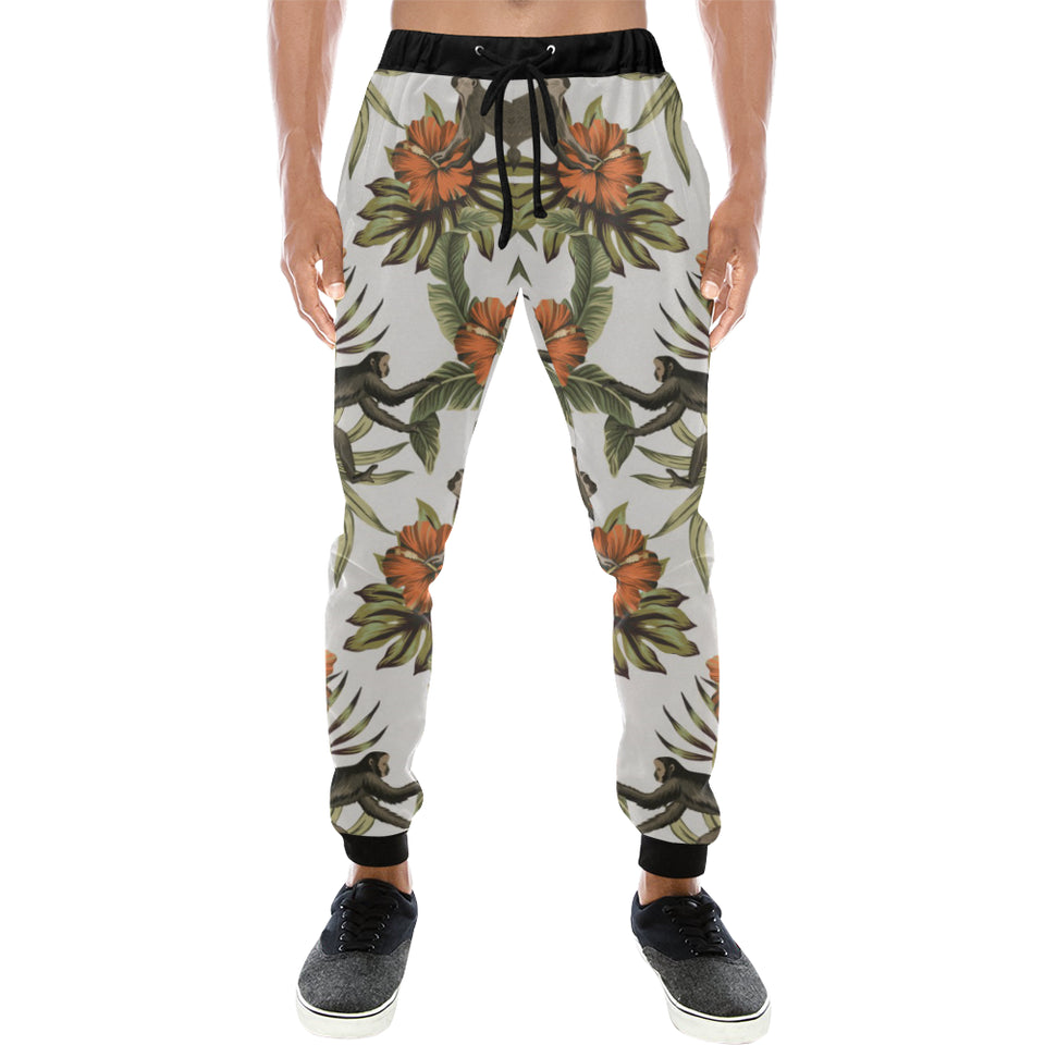 Monkey red hibiscus flower palm leaves floral patt Unisex Casual Sweatpants