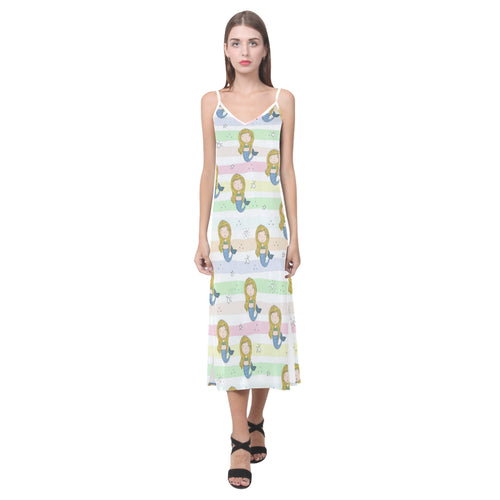 Cute hand drawn mermaid V-Neck Open Fork Long Dress