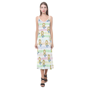 Cute hand drawn mermaid V-Neck Open Fork Long Dress